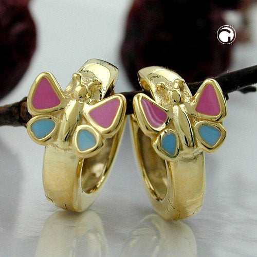 Hoop-øreringe 12x7mm Hængsel Butterfly pink-blå lakeret 9Kt GULD