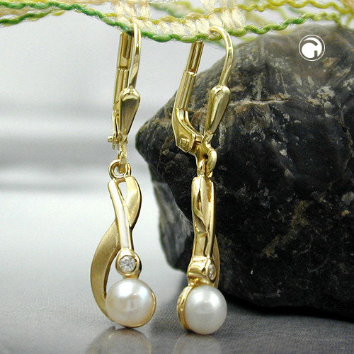 Leverback øreringe 30x6mm ferskvandsdyrket perle Cubic Zirconia 9K GULD