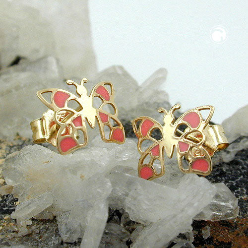 Ørestik ørering 7x8mm sommerfugl orange 9kt Guld