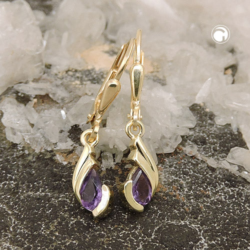 Leverback øreringe Øreringe 25x5mm Drop Amethyst 9K GULD