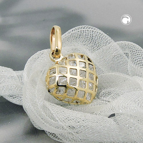 Vedhæng 11x12mm hjerte fyldt med små kubiske zirkonier 9K GULD
