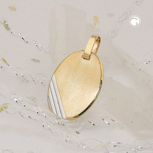 Vedhæng 18x13mm Graveringsplade oval bicolor rhodiumbelagt diamant 9K GULD