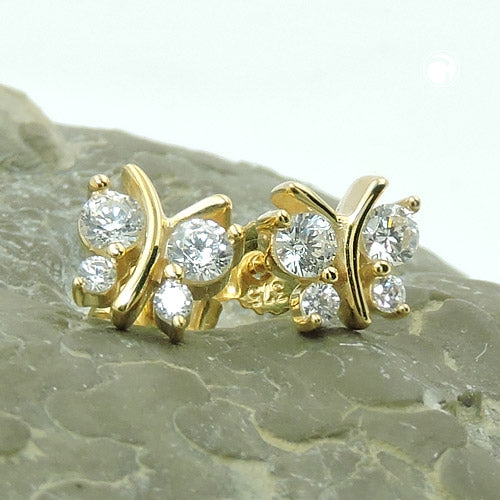 Ørering 6x6mm Butterfly med 4 Cubic Zirconias 9Kt GULD