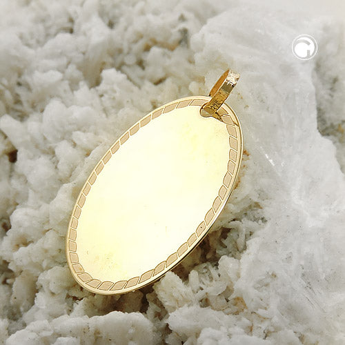 Vedhæng 19x13mm oval graveringsplade med kant 9K GULD