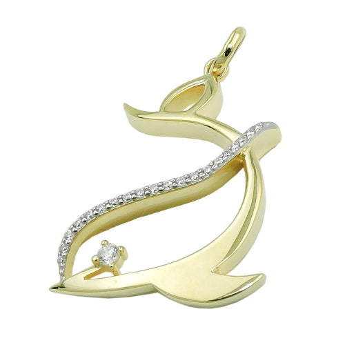 Vedhæng 25x20mm stiliseret delfin med kubiske zirkonier 9K GULD
