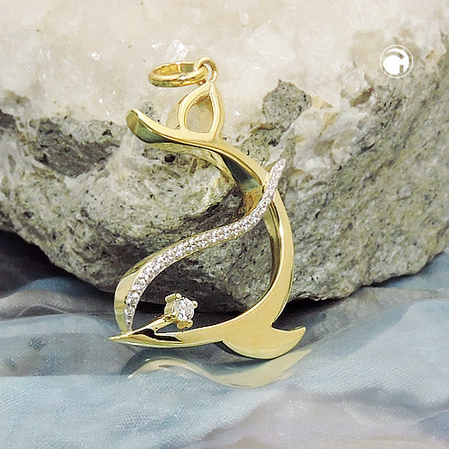 Vedhæng 25x20mm stiliseret delfin med kubiske zirkonier 9K GULD