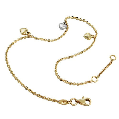 Fodkæde 1,7 mm ankerkæde med 3 hjerter bicolor, længde variabel 9K GULD 25 cm