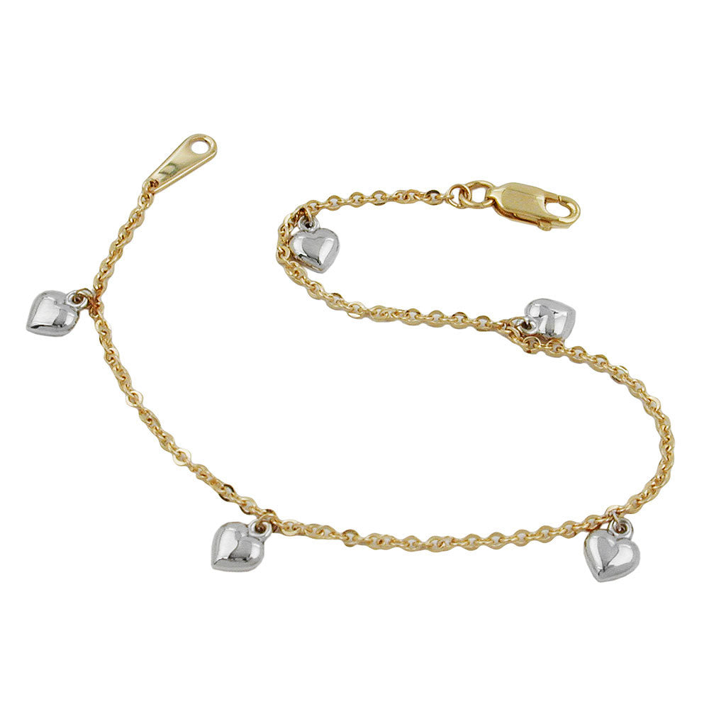 Armbånd 1,7 mm ankerkæde med 5 hjerter i bicolor rhodiumbelagt 9K GULD 19 cm