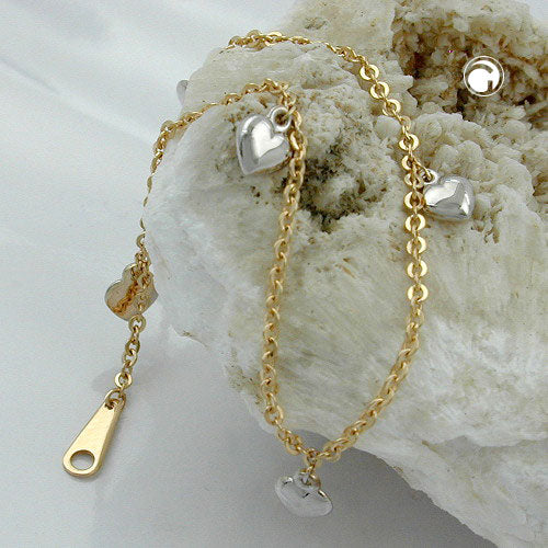 Armbånd 1,7 mm ankerkæde med 5 hjerter i bicolor rhodiumbelagt 9K GULD 19 cm