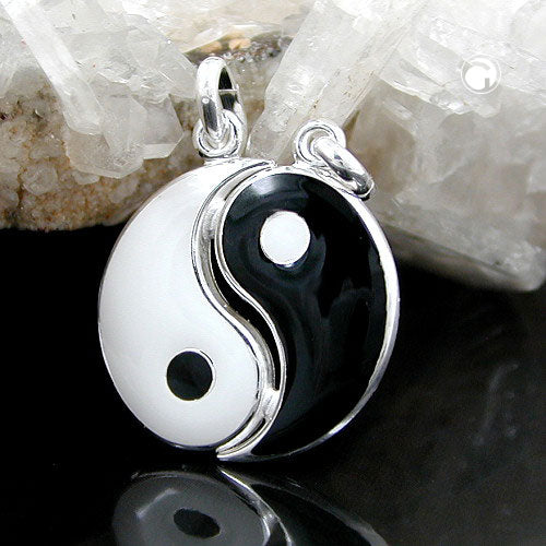 Vedhæng Yin Yang 16mm sort hvid lakeret sølv 925