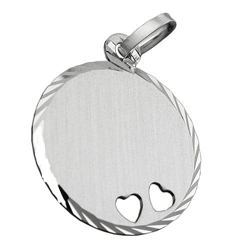 Vedhæng 16 mm graveringsplade rund 2 hjerter mat diamant rhodiumbelagt sølv 925