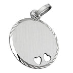 Vedhæng 16 mm graveringsplade rund 2 hjerter mat diamant rhodiumbelagt sølv 925