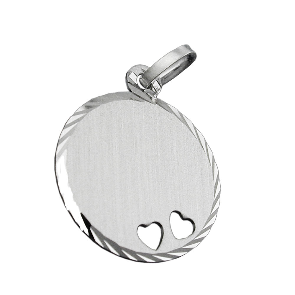Vedhæng 16 mm graveringsplade rund 2 hjerter mat diamant rhodiumbelagt sølv 925