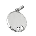 Vedhæng 16 mm graveringsplade rund 2 hjerter mat diamant rhodiumbelagt sølv 925