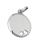 Vedhæng 16 mm graveringsplade rund 2 hjerter mat diamant rhodiumbelagt sølv 925