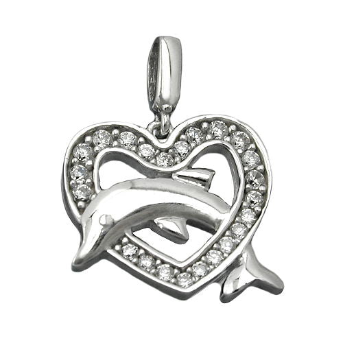 Vedhæng 14x15mm hjerte med delfinrhodium belagt sølv 925