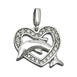 Vedhæng 14x15mm hjerte med delfinrhodium belagt sølv 925
