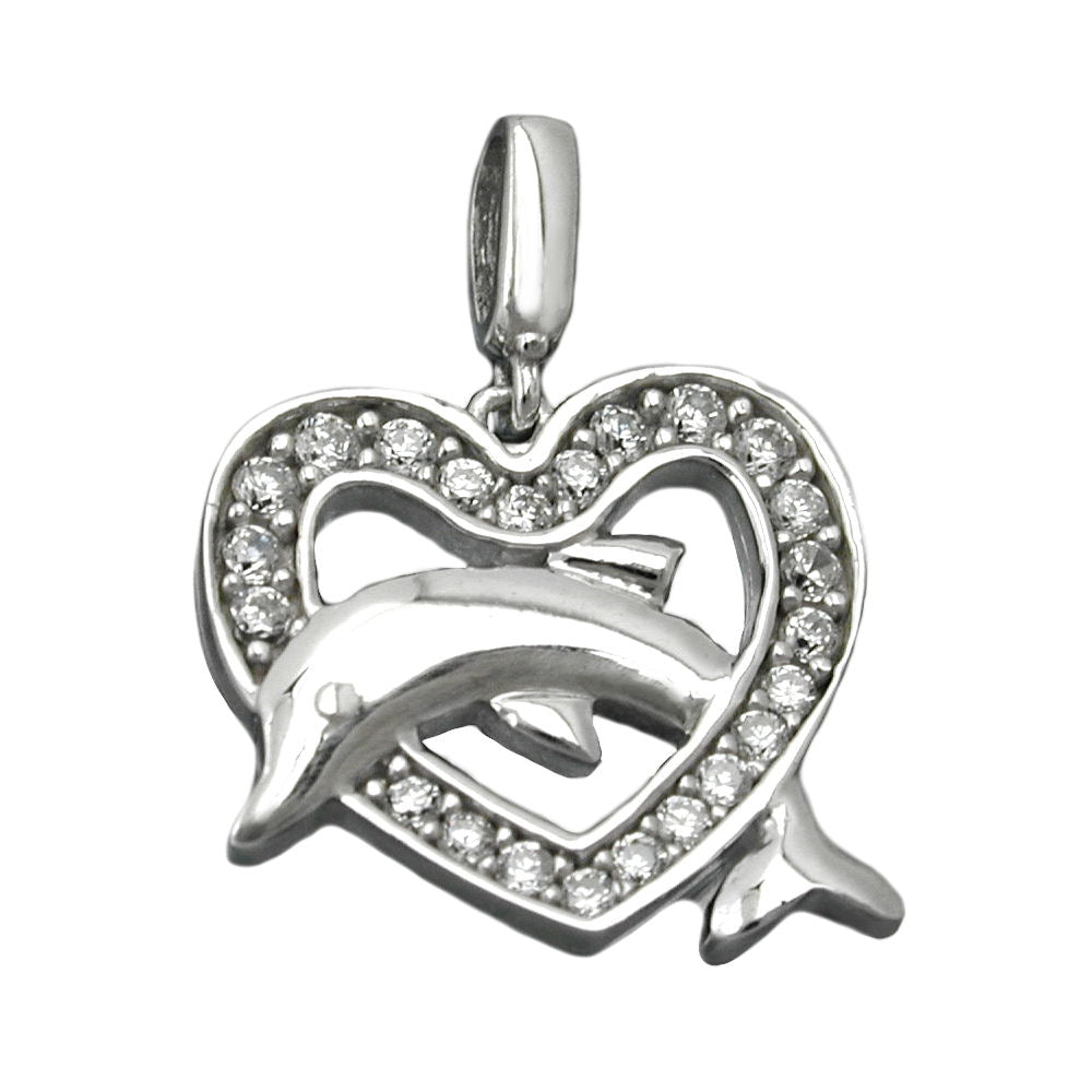 Vedhæng 14x15mm hjerte med delfinrhodium belagt sølv 925