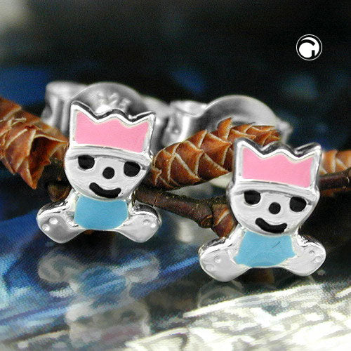 Ørestikker-ørering 7x6mm lille king pink-lyseblå lakeret sølv 925