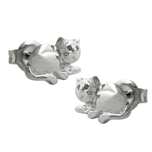 Ørestikker 7x10mm liggende katte skinnende rhodiumbelagt sølv 925