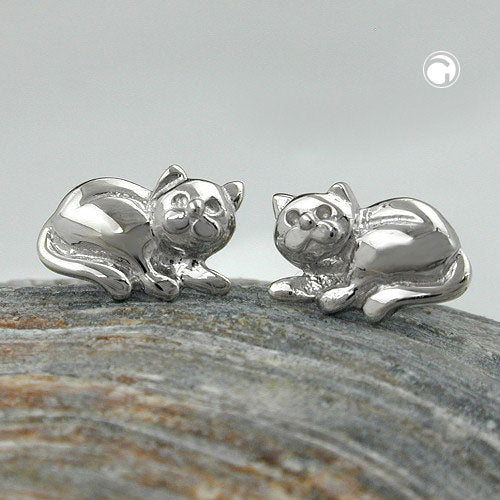 Ørestikker 7x10mm liggende katte skinnende rhodiumbelagt sølv 925