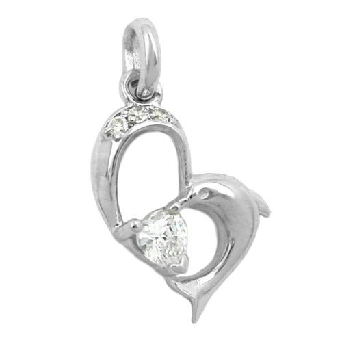 Vedhæng 16x14mm hjerte med delfin- og kubiske zirkoniaer skinnende sølv 925
