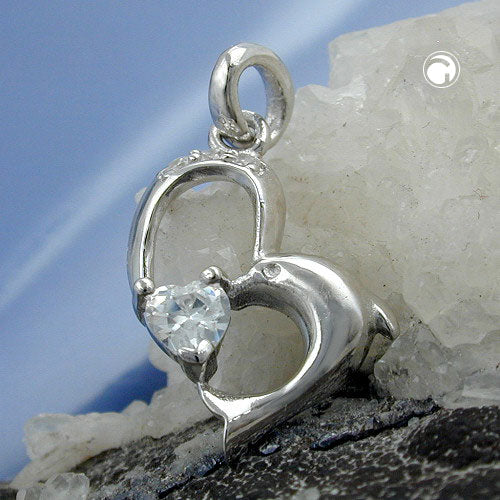 Vedhæng 16x14mm hjerte med delfin- og kubiske zirkoniaer skinnende sølv 925