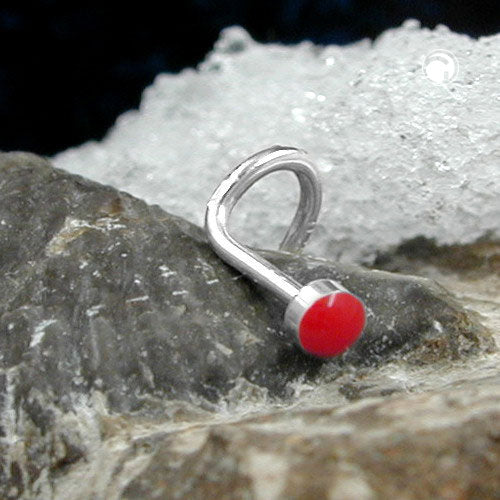 Næsestift 2,5 mm spiral med emaljepunkt rød sølv 925
