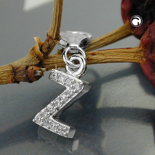 Vedhæng 12x6mm Charm Letter Z med zirkoniaer skinnende rhodiumbelagt sølv 925