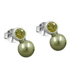 Ørestikker 7x4mm Cubic Zirconia Peridot Imitation Pearl Olive Green 925