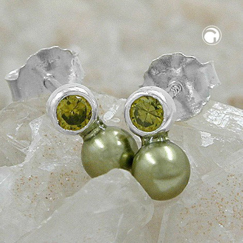 Ørestikker 7x4mm Cubic Zirconia Peridot Imitation Pearl Olive Green 925