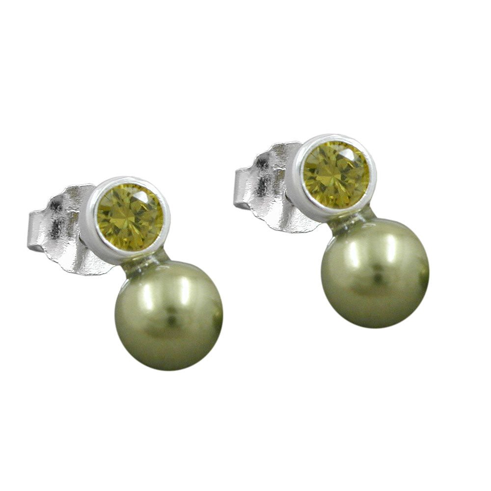 Ørestikker 7x4mm Cubic Zirconia Peridot Imitation Pearl Olive Green 925