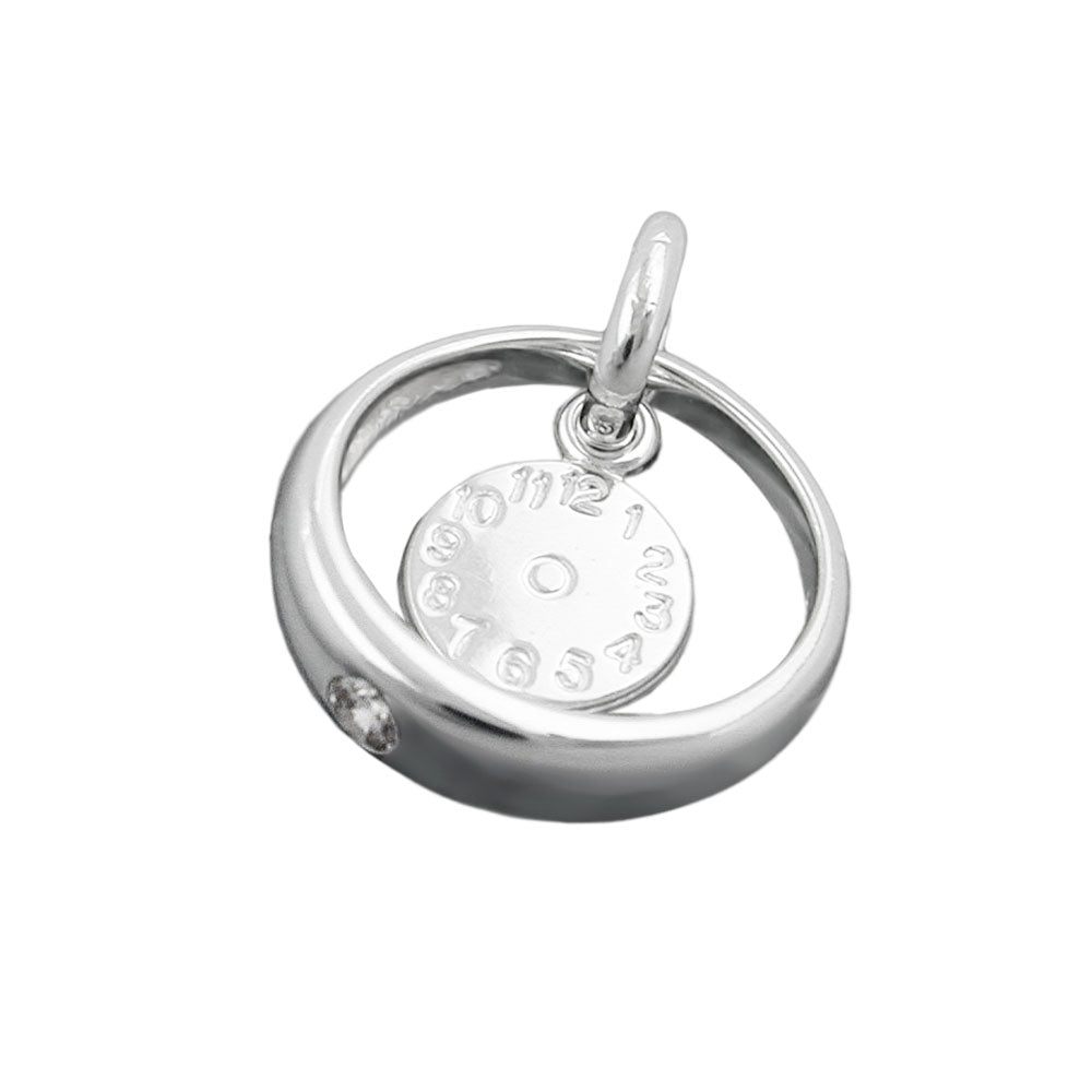 Vedhæng 12x3mm dåbsring med hvid zirkonia og fødselsur i sølv 925 mm