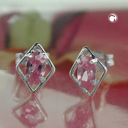 Ørestikker 8x6mm rombe med Cubic Zirconia Pink Sølv 925