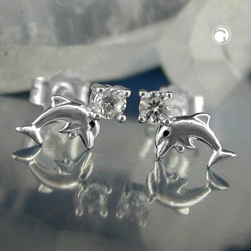 Ørestikker 9x5mm Dolphin med zirkonia sølv 925