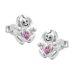 Ørestikker 9,5x8mm børneørering Pige med hjerte Zirconia Pink Skinnende Sølv 925