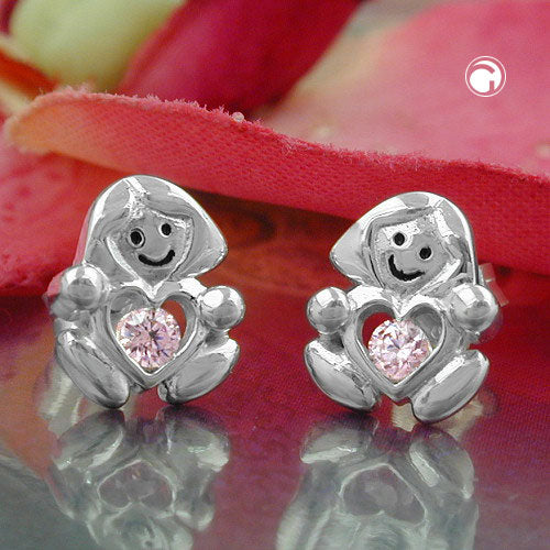 Ørestikker 9,5x8mm børneørering Pige med hjerte Zirconia Pink Skinnende Sølv 925