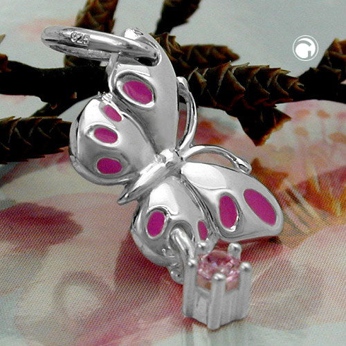 Vedhæng 18x8mm Sommerfugl med Cubic Zirconia Pink Sølv 925
