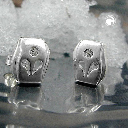 Ørestikker 9x8mm mat blank med zirkonia sølv 925