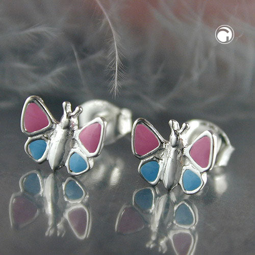 Ørestikker 7x8mm børneørering Sommerfugl Lyseblå-Pink Sølv 925