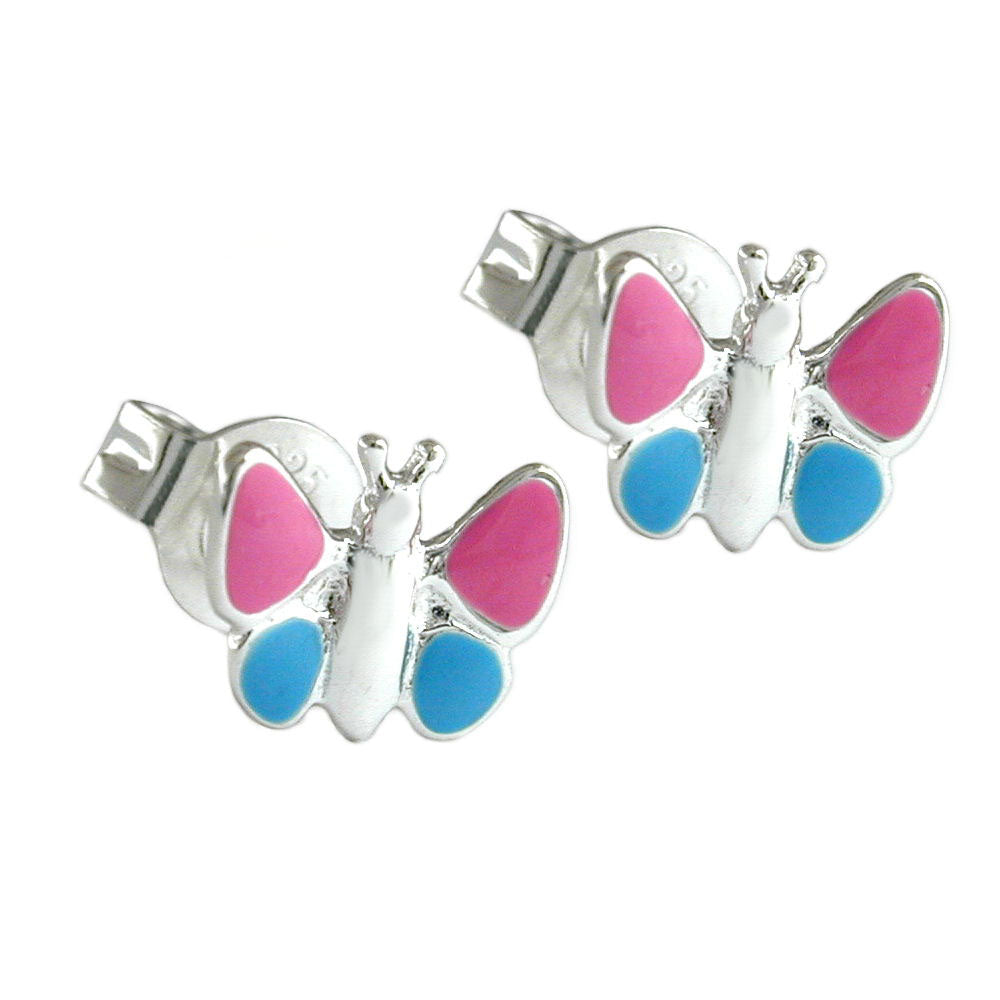 Ørestikker 7x8mm børneørering Sommerfugl Lyseblå-Pink Sølv 925