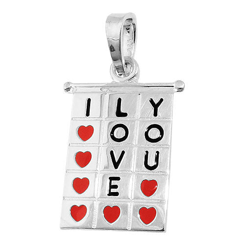 Vedhæng 22x13mm kvadrat I-LOVE-YOU rød-sort lakeret sølv 925