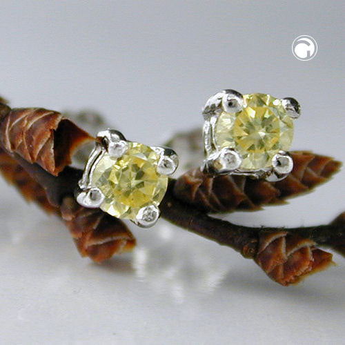 Ørestikker 3x3mm glassten Rhodiumbelagt gul citrin glas 925