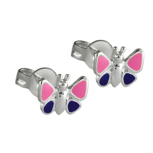 Ørestikker 8mm børneørering Sommerfugl Pink Lilla Lakeret Sølv 925