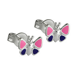 Ørestikker 8mm børneørering Sommerfugl Pink Lilla Lakeret Sølv 925
