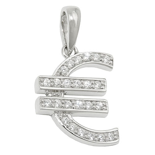 Hængende 15x13mm Euroskilt med mange kubiske zirkoniaer i Rhodium-belagt sølv 925