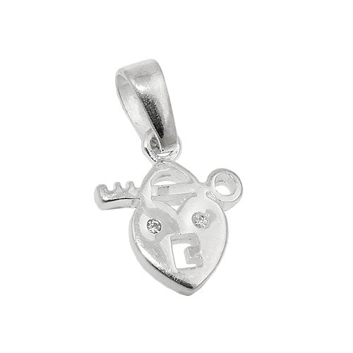 Vedhæng 13x11mm hjertelås med nøgle med zirkonia skinnende sølv 925