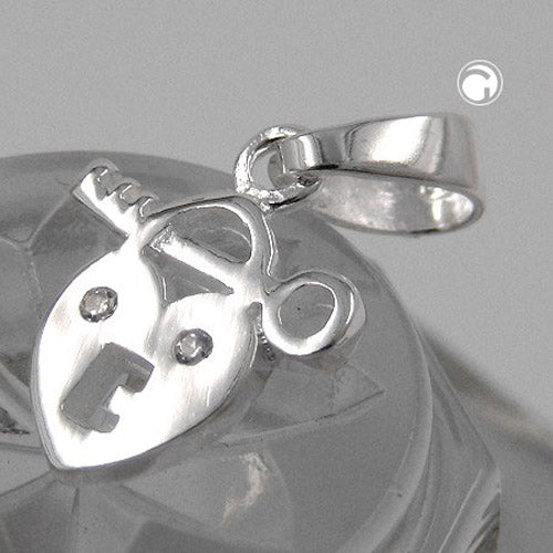 Vedhæng 13x11mm hjertelås med nøgle med zirkonia skinnende sølv 925
