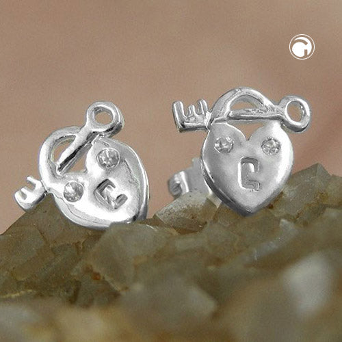 Ørestikker 9x8mm hjertelås og nøgle med zirkonia skinnende sølv 925