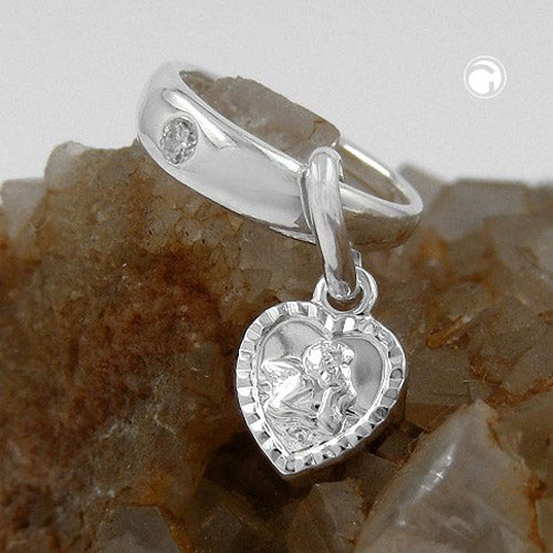 Vedhæng 12x3mm dåbsring med hjerte Angel Cubic Zirconia sølv 925